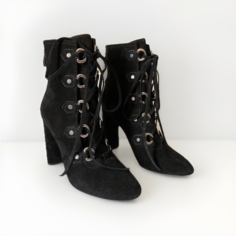 Casadei Black Suede Lace Up Heeled Ankle Boots size 7.5